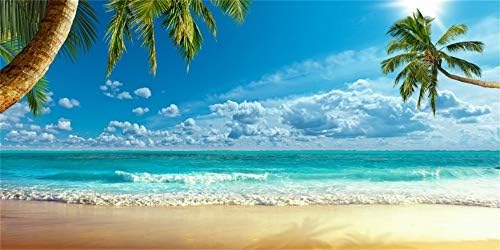 Laeacco Summer Seaside Beach Scenic 20x10ft Vinyl Photography Background Crooked Palms Blue Sky Clouds Surging Waves Scene Backdrop Wedding Shoot Eatery Landscape Wallpaper Birthday Party Banner Luau - Image 2