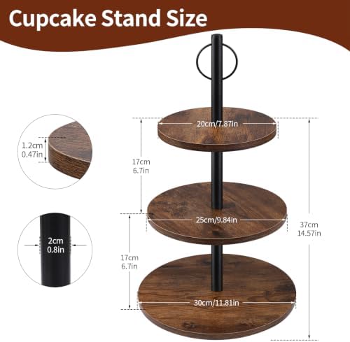 Cupcake Stand, 3 Tier Wood Cake Stands Rustic Cupcake Tower, Round Tiered Tray Stand for Dessert Table Display, Industrial Wooden Serving Stand Wedding, Graduation and Baby Shower (Zhong 2Pack) - Image 7