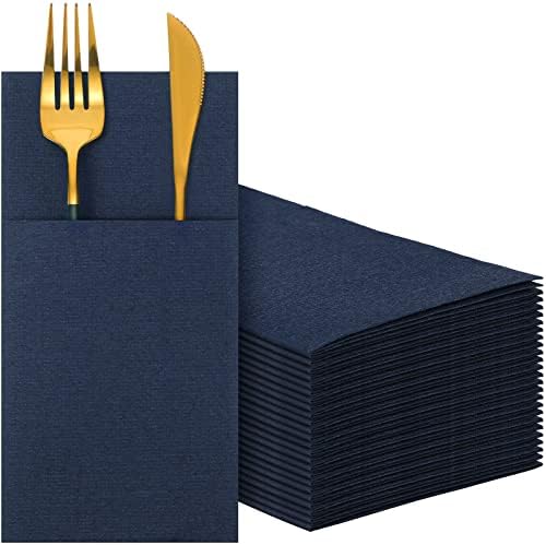Cindeer 75 Pcs Navy Blue Linen Dinner Napkins with Built in Flatware by Cindeer
