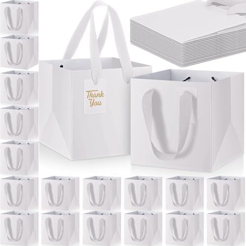 Windyun 50 Pcs Mini Paper Gift Bags with Handle 6 x 6 x 6'' Square Small Favor Bag with DIY Thank You Tag for Christmas Birthday Wedding Bridal Shower Bridesmaid Graduation Party (White) by Windyun