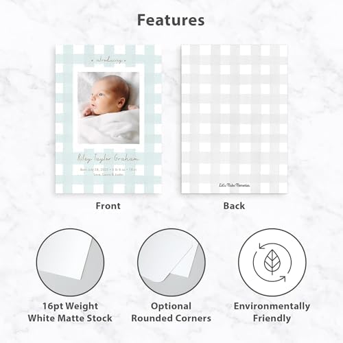 Let's Make Memories Personalized Baby Announcement Cards - Birth, Adoption - Boy, Girl - Premium Quality Custom Photo Cards for Mailing - 5x7 - Includes White Envelopes - Soft Plaid - 50 ct - Image 4