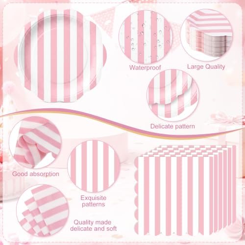 Funnymoom 434 Pcs Pink Striped Party Decorations Scalloped Plates Serves 48 - Image 3