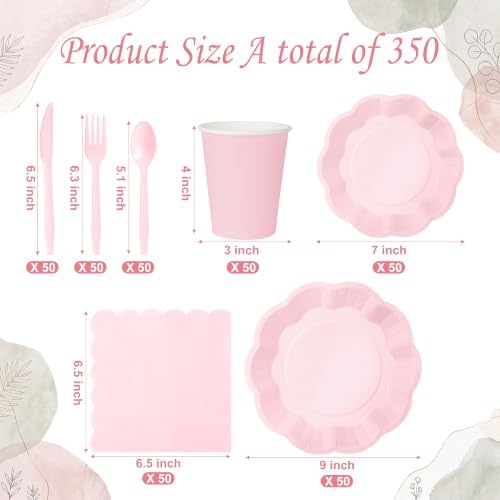 350 Pcs Pink Scalloped Disposable Plates Tableware Set for 50 Guests - Image 6