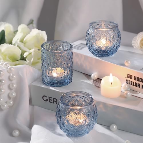 DARJEN Blue Votive Candle Holders Set of 24- Round Candle Holders Bulk, Glass Candle Holder for Vintage Decoration, Tea Lights Candle Holders for Wedding Shower, Party & Gift - Image 6