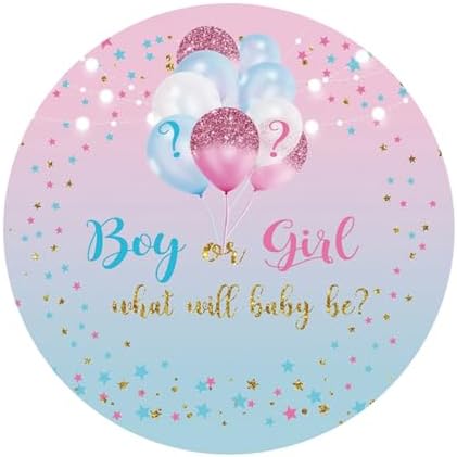 Polyester Diameter 6.5ft Gender Reveal Round Backdrop Blue Pink Balloon Star Background for Photography Boy or Girl What Will Baby Be Mommy Pregnancy Surprise Party Photo Booth Props - Image 2