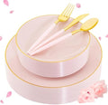 Liacere 150PCS Plastic Plates-Gold Plastic Silverware with Pink Handle - Pink Disposable Plates Include 30 Guests Plates, Forks, Spoons, Knives for Wedding ＆ Party by Liacere