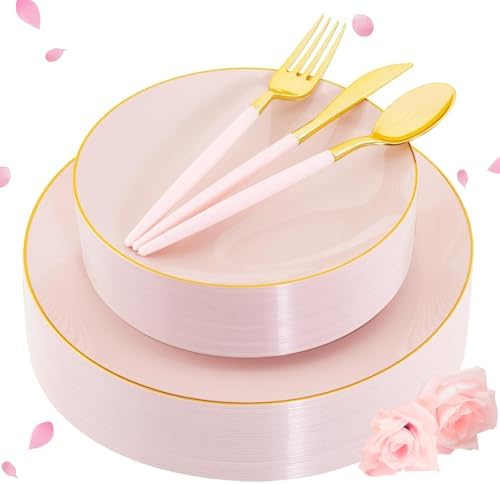 Liacere 150PCS Plastic Plates-Gold Plastic Silverware with Pink Handle - Pink Disposable Plates Include 30 Guests Plates, Forks, Spoons, Knives for Wedding ＆ Party by Liacere