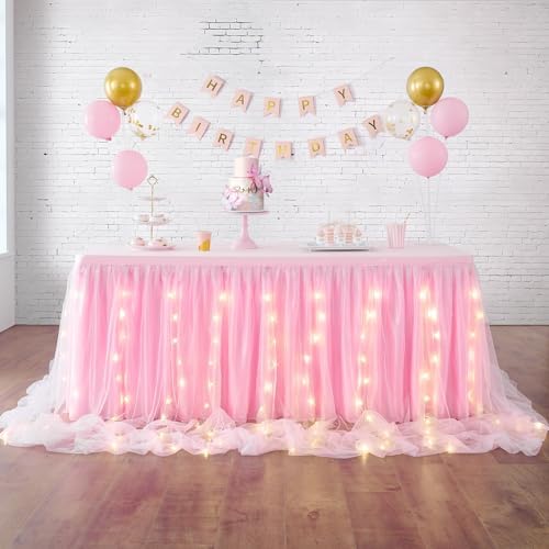 Pink Tulle Table Skirt for Baby Shower,9FT Pink Ruffle Tutu Table Skirt with LED Light for Princess Girls Birthday Party Cake Dessert Table Decorations by LeegleriTableSkirt