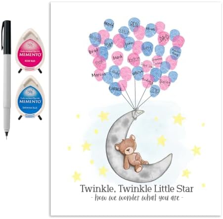 Teddy Bear and Moon Baby Shower Fingerprint Poster Guestbook Alternative Set with Ink Pads and Pen (Gender Reveal Party, 11x14 Inches) by MeganHStudio