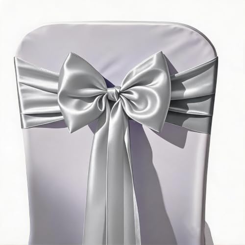 Pack of 50 Silver Satin Chair Sashes Bows 7x108 inches Chair Ribbons - Image 4