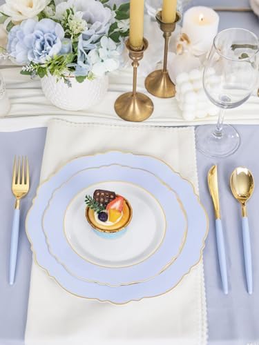 WDF 60pcs Blue Plates Disposable With Gold Rim - Baroque Baby Blue Plastic Party Plates for Wedding/Party/Baby Shower/Spring - Image 4