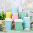 Whaline 100 Pcs Spring Pastel Color Disposable Coffee Cups with Lids Paper Cups 12 Oz Yellow Pink Blue Green Corrugated Ripple Wall Insulated Hot Cup for Spring Summer Home Office Party Supplies - Image 4