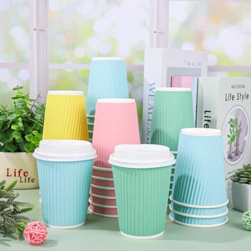Whaline 100 Pcs Spring Pastel Color Disposable Coffee Cups with Lids Paper Cups 12 Oz Yellow Pink Blue Green Corrugated Ripple Wall Insulated Hot Cup for Spring Summer Home Office Party Supplies - Image 4