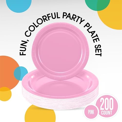 Party Solids Exquisite Pink Paper Plates Disposable Heavy Duty 200 Pcs - 100-7 & 100-9 Pink Disposable Plates for Party Heavy Duty 350 GSM for Birthday Supplies - Image 2