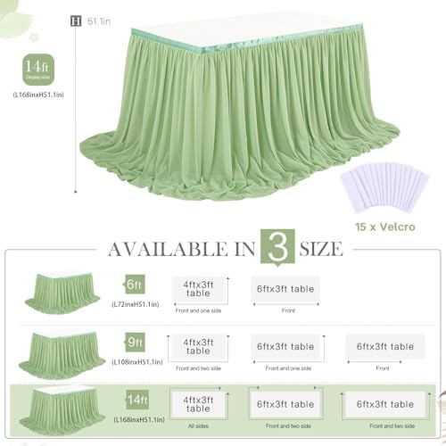Sage Green Table Skirt 14FT Chiffon Table Skirting 2 Layer Rectangle Green Tablecloth for Birthday Baby Shower Wedding - Image 3