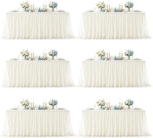 6 Pack Ivory Tablecloth Rectangle 6ft Elastic Fitted Tulle Table Cloth Stretch Spandex Rectangular Table Cover with Ruffle Skirt for Wedding Birthday Baby Shower Party Banquet Dessert Table Decor by Besutolife