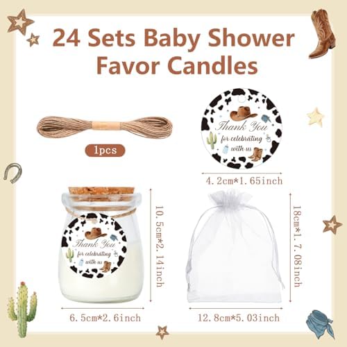 24Pcs Baby Shower Candle Cowboy Party Favors Lavender Scented Glass Jars Wax Candle Bulk with Thank You Cards Organza Bags for Guests Boy Girl Birthday Gender Reveal Gift Souvenirs (Cowboy, 24) - Image 2