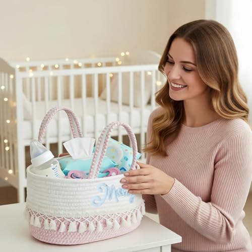 Personalized Diaper Caddy Organizer With Name, Custom Woven Cotton Rope Storage Basket With Tassels, Nursery Decor Piece Featuring A Removable Divider For Organizing Baby Essentials Or As Gift - Image 5