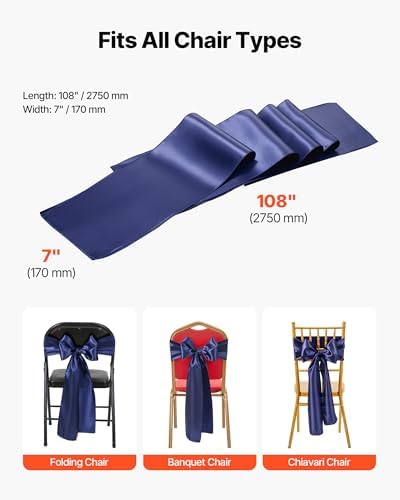 VEVOR Satin Chair Sashes Bows, Chair Ribbon Ties Back Sash, 7 x 108 inch, Wedding Reception Decoration, for Wedding Ceremony Baby Shower Party Events Banquet Cover Decoration (Navy Blue, 50pcs) - Image 6