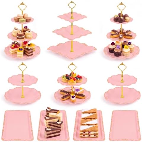 10 Pcs Cupcake Stand,Dessert Table Display Set with Gold Rim, 3 x Three-Tier and 3 x Two-Tier Cake Stands，4 x Appetizer Serving Trays for Birthday, Wedding, Baby Shower,Tea Party (Pink) by Unknown