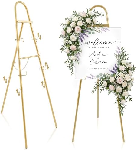 Novabright 48"-72" Adjustable Gold Easel Stand for Sign Heavy Duty Metal Easel with 4 Display Modes 360° Rotating Hooks 4-tier Display Stand for Wedding Welcome Sign, Art, Poster, Picture(Classic) by Unknown