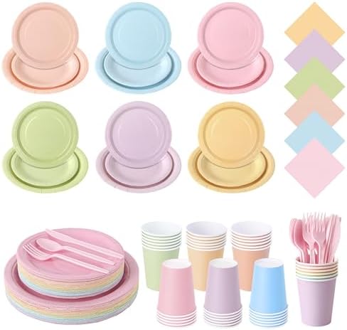 360 Pcs Pastel Disposable Plates and Napkins Tableware Set for 48 Guests by COSINIA