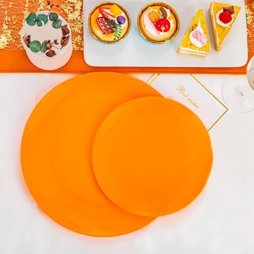 PULOTE 100PCS Orange Plastic Plates - Premium Hard Orange Disposable Include 50 Each(10.25 Inch Dinner & 7.5 Inch Dessert) Plates, Ideal for Party - Image 3
