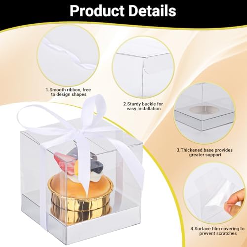 EUSOAR Cupcake Boxes, 50 Packs 3.5 Inch Dessert Pastry Individual Cupcake Containers with Inserts and Ribbon, Clear Muffins Gift Holder Disposable Cake Carrier for Wedding Party Favor Bakery-Silver - Image 3