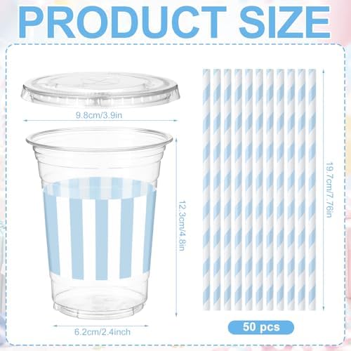 Sliner 50 Sets Blue White Striped Plastic Cups 16oz - Image 3