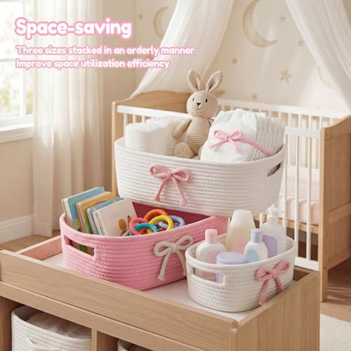 3Pcs Pink Bow Baskets , Coquette Woven Cotton Rope Storage Baskets with Handles, Cute Ribbon Decorative Laundry Hamper Bins for Nursery, Shelf, Makeup, Diaper, Baby Shower Nesting Organizer - Image 5