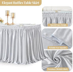 Wish Care 21ft Silver Satin Long Table Skirt for Rectangle Tables Wrinkle Free Teacher Desk Skirt Glitter Ruffle Table Skirting Cloth for Back to School Classroom Office Birthday Party Table Decor - Image 3