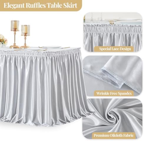 Wish Care 21ft Silver Satin Long Table Skirt for Rectangle Tables Wrinkle Free Teacher Desk Skirt Glitter Ruffle Table Skirting Cloth for Back to School Classroom Office Birthday Party Table Decor - Image 3