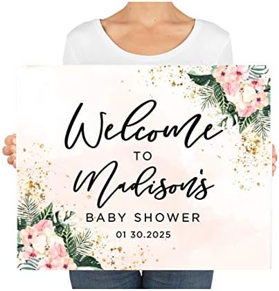 Andaz Press Custom Large Baby Shower Canvas Welcome Sign, 16 x 20 Inches, Pink Hibiscus Tropical Palm Leaves, Guestbook Alternative, Personalized Sign Our Canvas, Tropical Baby Shower, Baby Sprinkle - Image 3