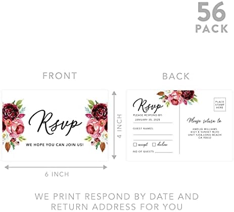 Andaz Press 56-Pack Personalized RSVP Postcards for Wedding Burgundy Florals Cardstock Response Reply Cards for Bridal Shower Baby Shower Birthday Event Custom Date and Return Address 4 x 6-Inch - Image 5