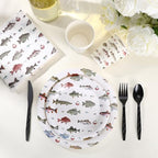 Ziliny 350 Pcs Fishing Party Supplies Tableware Set Disposable 9'' 7'' Paper Plates 9 oz Cups Cutlery Napkins Dinnerware Set for 1st Birthday, Serve 50 (Fishing Birthday, White, Red) - Image 5