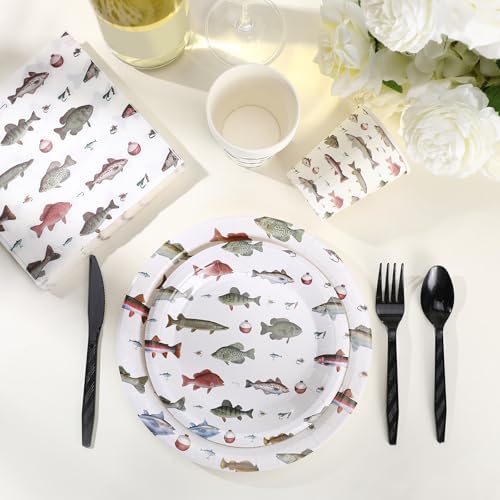 Ziliny 350 Pcs Fishing Party Supplies Tableware Set Disposable 9'' 7'' Paper Plates 9 oz Cups Cutlery Napkins Dinnerware Set for 1st Birthday, Serve 50 (Fishing Birthday, White, Red) - Image 5