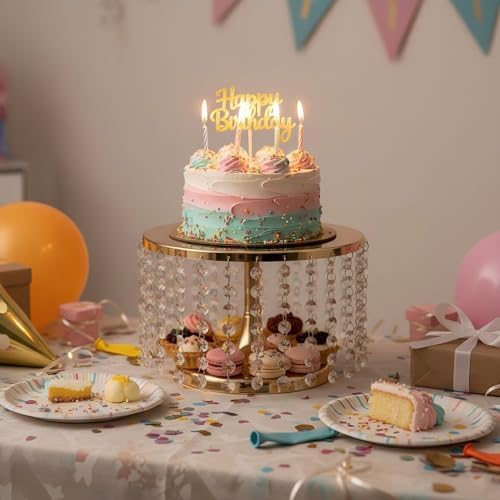 Cake Stand for Dessert Table 10 Inch Gold Crystal Pendants Metal Cake Stand Serves as A Round Dessert Cupcake Display Plate for Table, Wedding, Party, Event - Image 2