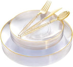 Liacere 150PCS Clear Gold Plastic Plates - Gold Plastic Silverware with Glitter Handle - Clear Disposable Plates Include 30 Guests Plates, Forks, Spoons, Knives for Wedding & Party by Liacere