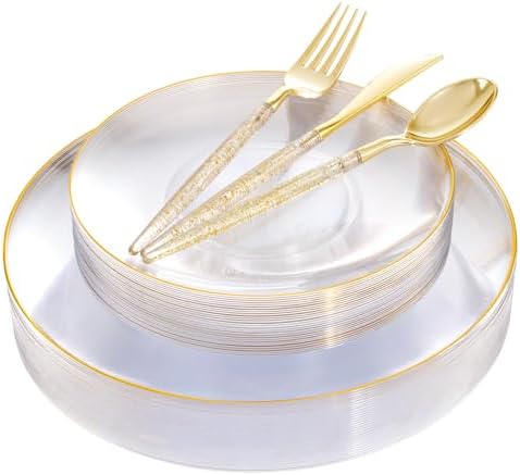 Liacere 150PCS Clear Gold Plastic Plates - Gold Plastic Silverware with Glitter Handle - Clear Disposable Plates Include 30 Guests Plates, Forks, Spoons, Knives for Wedding & Party by Liacere