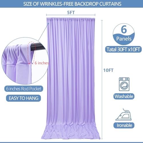 30x10ft Wrinkle Free Lavender Backdrop Curtain for Parties Soft Fabric Drapes Wedding Curtain Backdrop for Birthday Party Decorations Background for Photography 5x10ft,6 Panels - Image 2