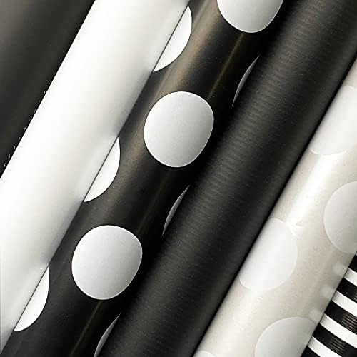 Jillson & Roberts All Occasion Reversible & Cut Lined Wrapping Paper Roll Bundle - Black and White Stripes and Dots (12.5 sq ft per roll, 75 Total Sq Ft) for Birthdays, Weddings, Graduations, Valentine's Day, Anniversaries, Christmas, 6 Pack - Image 2
