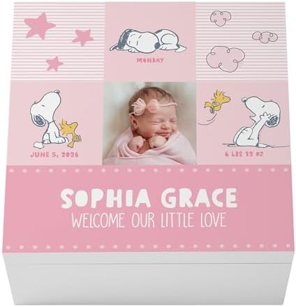 Let's Make Memories Personalized Keepsake Box - Memory Storage - Newborn New Baby Gift - Shower Present - PEANUTS - Snoopy and Woodstock - Add Photo, Name, and Text - Snoopy Baby Love - Pink by LetsMakeMemories