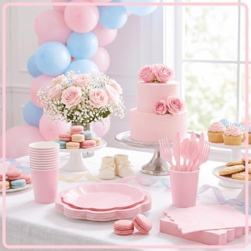 350 Pcs Pink Scalloped Disposable Plates Tableware Set for 50 Guests - Image 4