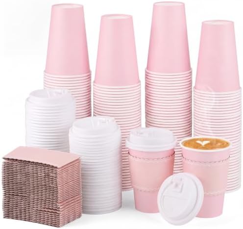 120 Pack Pink Coffee Cups with Lid Sleeves, 12oz Insulated To Go Paper Cup by NatNarr