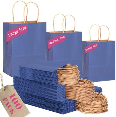 qiqee 100PCS Gift Bag with Handles Bulk Kraft Deep Blue Paper Bags Assorted Sizes(33pcs Large 13",33pcs Medium 11",34pcs Small 8") by Qiqee