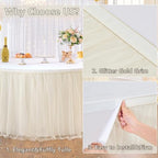 167in Ivory Tulle Table Skirts for Rectangle Tables 6/8ft, 2 Layer Gold Grim Ruffle Cream Tulle Tutu Table Skirt 14ft Decor Wedding Birthday Party Baby Shower Cake Dessert Tables(No Table Cover) - Image 3