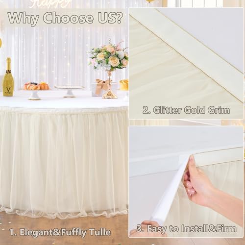 167in Ivory Tulle Table Skirts for Rectangle Tables 6/8ft, 2 Layer Gold Grim Ruffle Cream Tulle Tutu Table Skirt 14ft Decor Wedding Birthday Party Baby Shower Cake Dessert Tables(No Table Cover) - Image 3