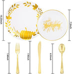 Ciaell 125PCS Thanksgiving Plastic Plates - Fall Pumpkin Disposable Plates White and Gold Heavy Duty Dinnerware Set include 25Dinner Plate, 25Desset Plate, 25Knives, 25Forks, 25Spoons for Thanksgiving - Image 3