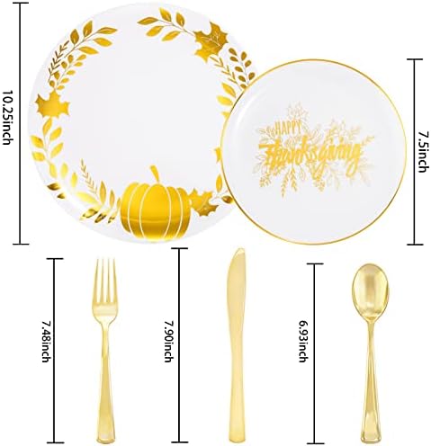 Ciaell 125PCS Thanksgiving Plastic Plates - Fall Pumpkin Disposable Plates White and Gold Heavy Duty Dinnerware Set include 25Dinner Plate, 25Desset Plate, 25Knives, 25Forks, 25Spoons for Thanksgiving - Image 3