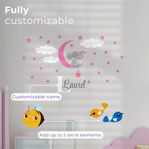 Custom Name & Initial Elephant Stars and Clouds - Prime Series - Baby Girl - Nursery Wall Decal for Baby Room Decorations - Mural Wall Decal Sticker for Home Children's Bedroom (Wide 44"x24" Height) - Image 2